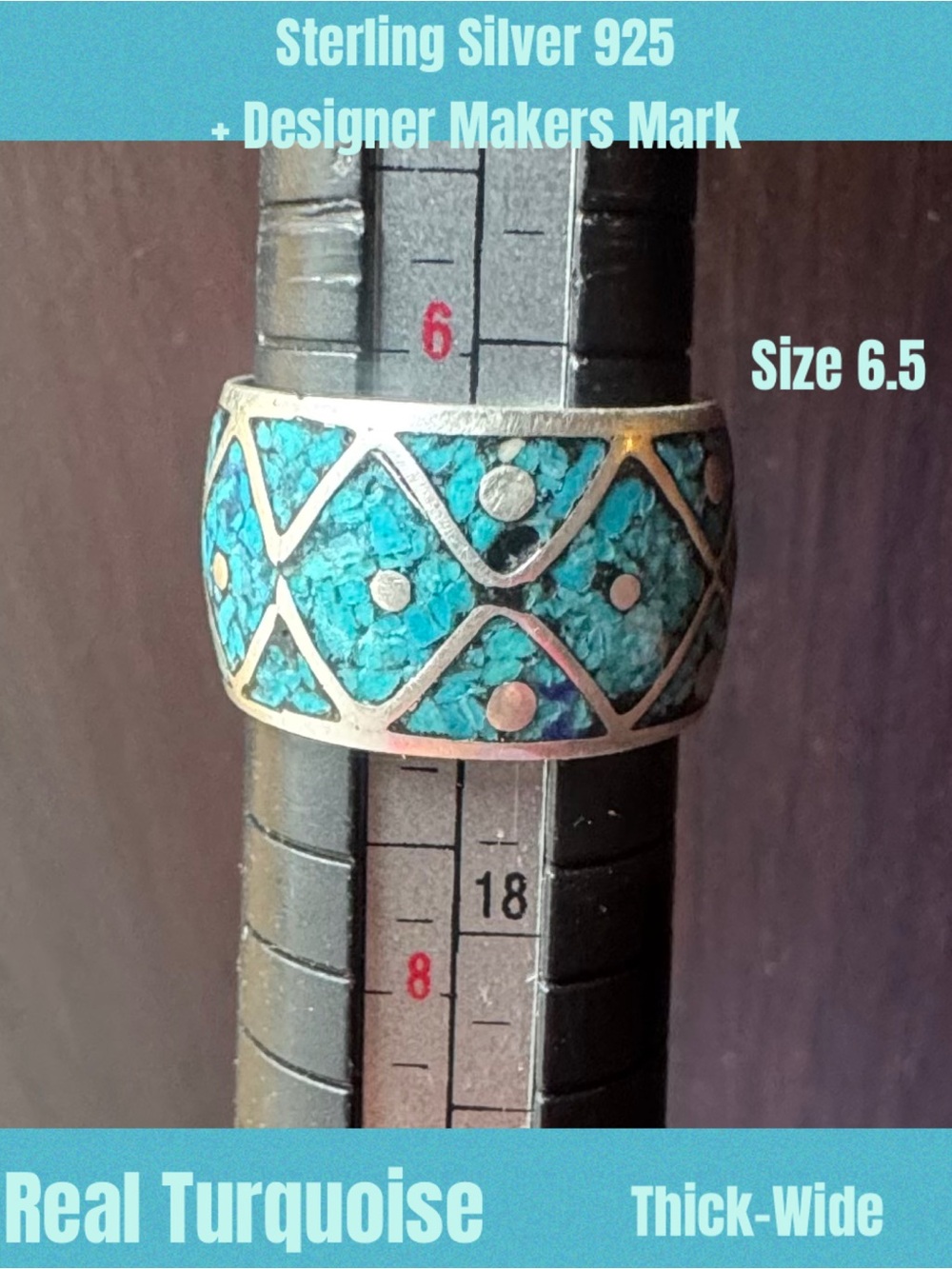 Solid Sterling Silver 925 turquoise wide band size 6.5 designer ring stamped mak